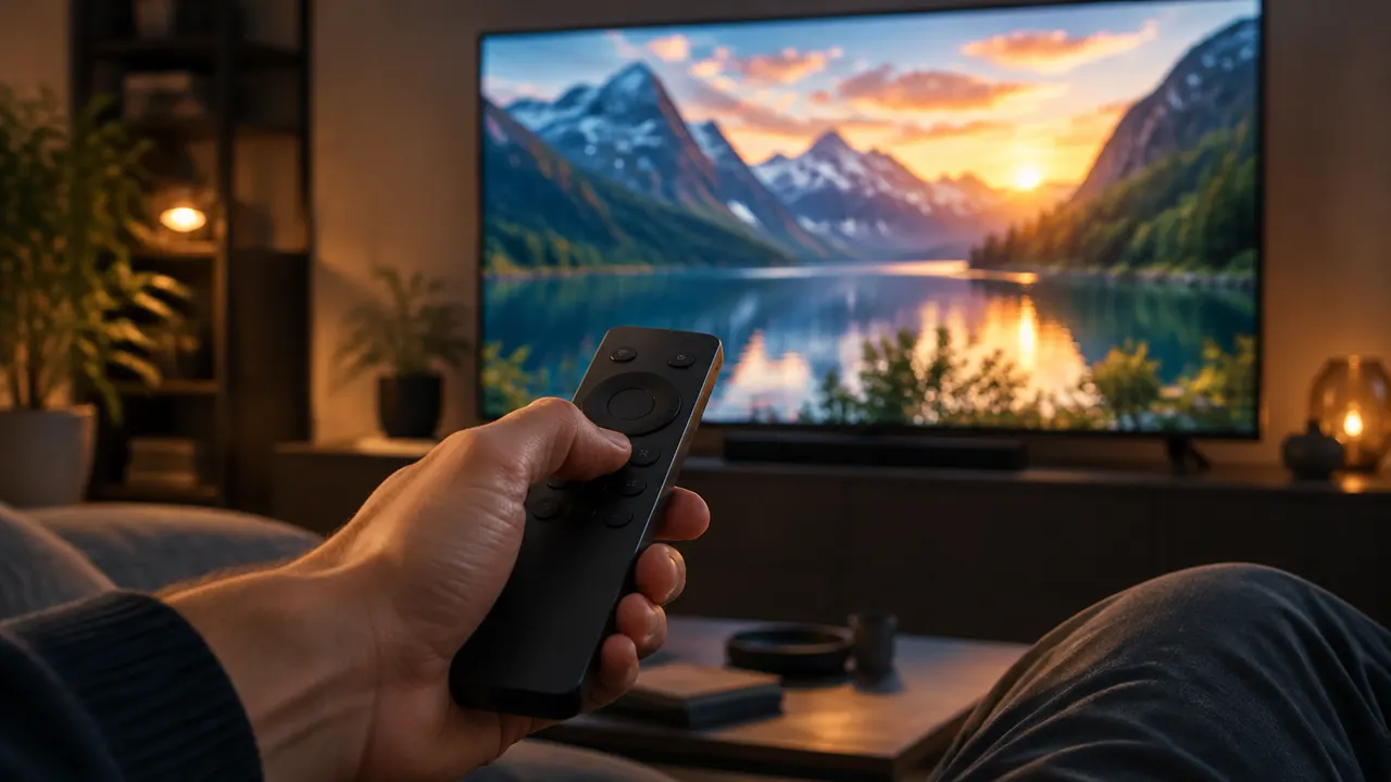 Remote control in front of a sharp 4K screen for the best IPTV buying guide