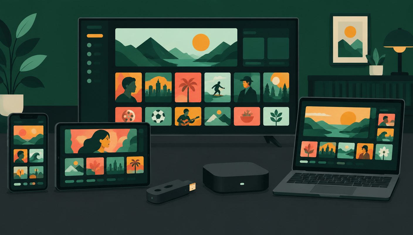 Compatible devices for IPTV Europe including Smart TV, phone, tablet and streaming stick