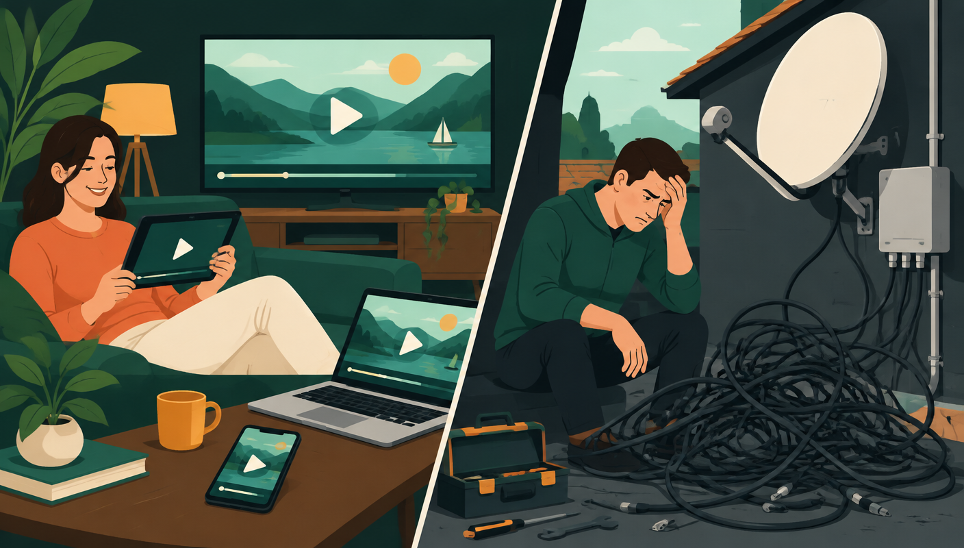 IPTV Europe guide illustration of a family streaming on multiple devices